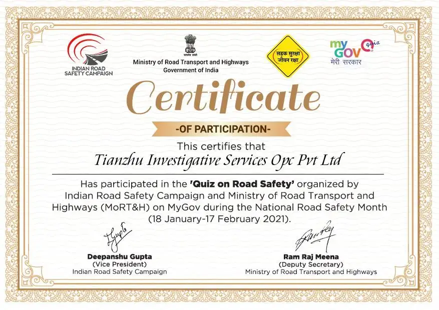 Certificate of Participation Quiz on Road Safety.